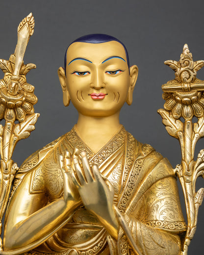Close up Lama Tsongkhapa Statue Gold Painted Face, Himalayan Buddhist Art