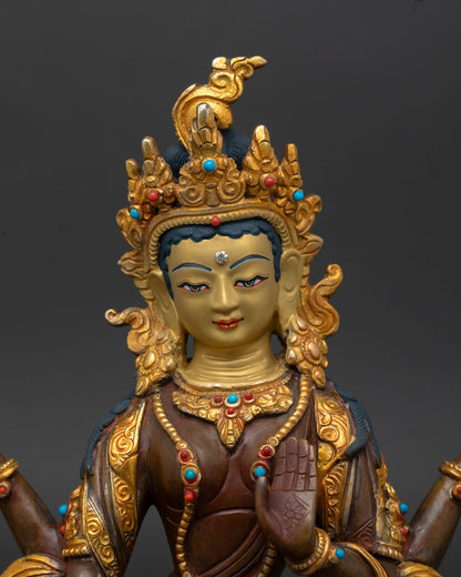 Close up Laxmi goddess statue showing four arms lotus flower pot of gold varada mudra and intricate Newari artisan craftsmanship from Nepal