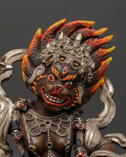 Close-up view of Lion Faced Dakini expressive detail intricate ornaments, Buddhist craftsmanship deity statue Nepal