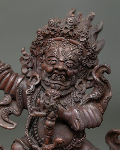 Close up Mahakala Bernagchen Buddhist protector statue, fierce expression detailed