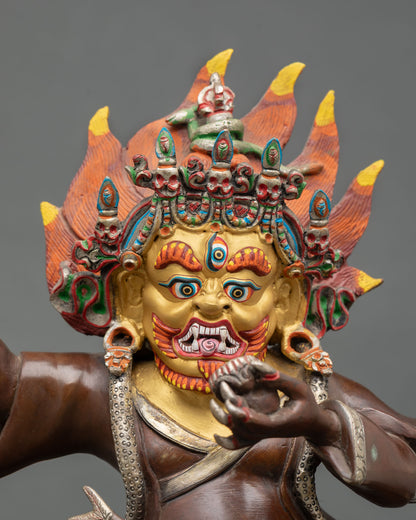 Close up Mahakala Bernagchen fierce expression detail, kapala symbolic Vajrayana Dharma protector statue