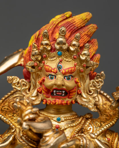 Close Up Mahakala Face Fierce Expression Crown Of Skulls Gold Painted Detail
