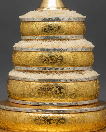 Close up mandala offering set intricate concentric rings with grains and jewels
