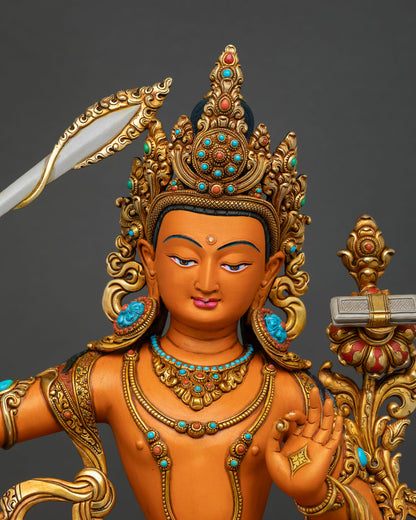 Close up Manjushri face with serene expression detailed crown flowing vestments and intricate Himalayan Buddhist craftsmanship