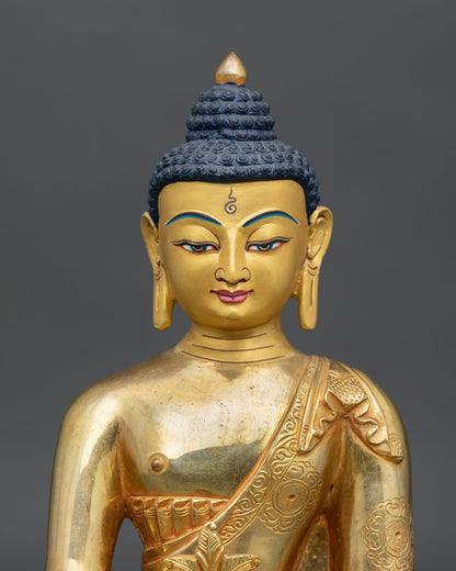 Close up Medicine Buddha sculpture detail gold painted face healing plant and medicine bowl symbolic objects Newari artisan craftsmanship