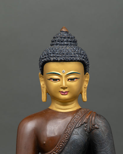 Close up Medicine Buddha serene face details copper, Himalayan healing Buddha statue, artisan sacred Buddhist art