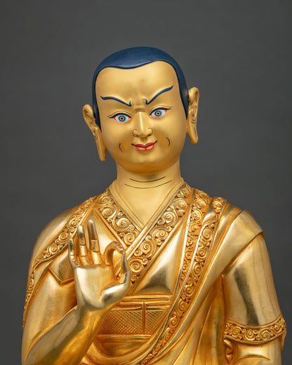 Close-up of a disciple’s gold face with silver-grey hair, arched brows, and a warm, serene smile