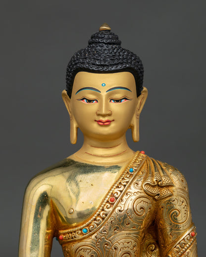 Close up of a premium Shakyamuni Buddha sculpture from Nepal showing the detailed monastic robe.