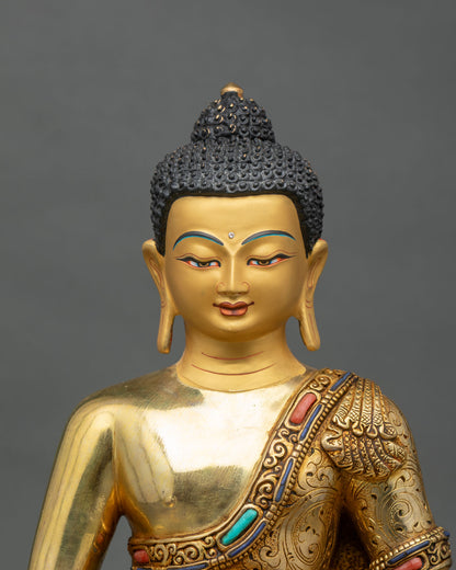 Close-up of Amitabha Buddha statue showing intricate gilding and robe details