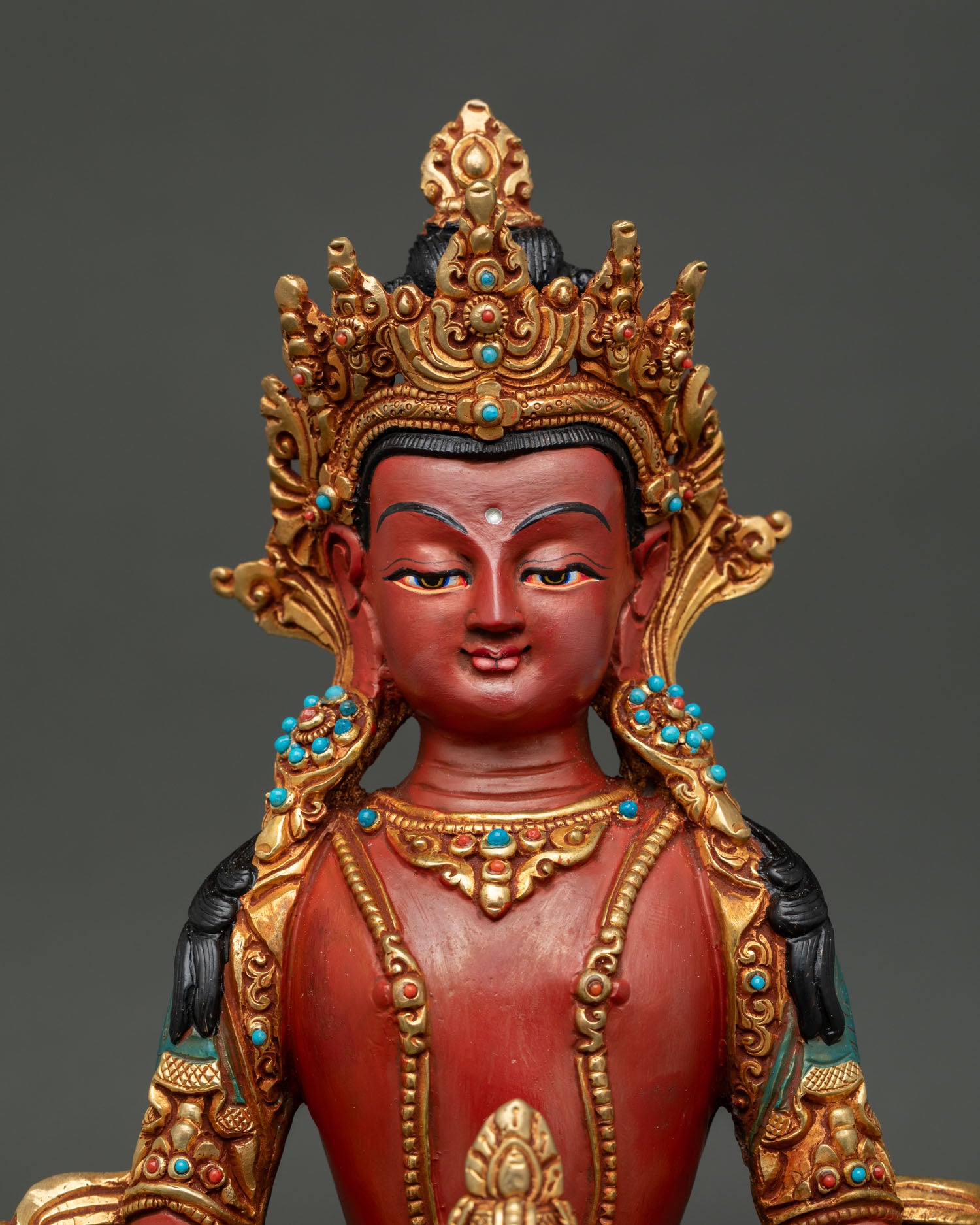 Close Up of Amitayus Buddha Featuring Hand Painted Colors, Jewel Crown, and Serene Expression