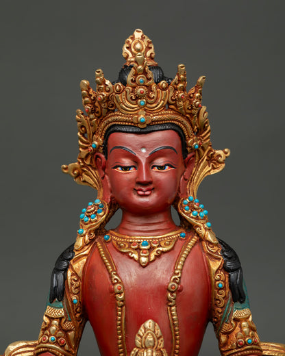 Close Up of Amitayus Buddha Featuring Hand Painted Colors, Jewel Crown, and Serene Expression