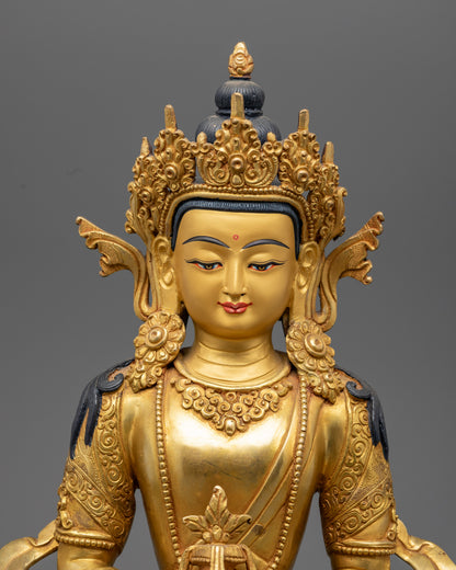Close-up of Amitayus Buddha statue, gold-gilded copper detailing, Nepal