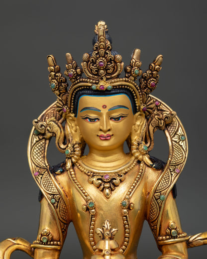 Close-up of Amitayus Buddha Statue with intricate gold-gilded Nepalese craftsmanship
