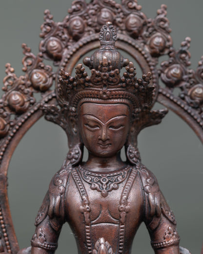 Close-up of Amitayus Statue, detailed oxidized finish