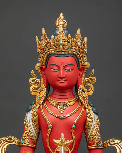 Close up of Amitayus statue in vajra posture holding the Kalasha vase of longevity