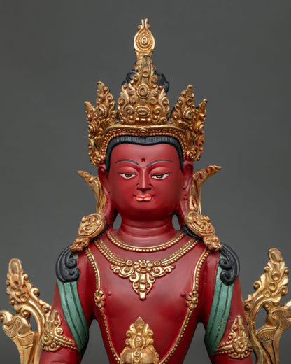 Close-up of Amitayus Statue showing gold-gilded crown, jewelry and dhyana mudra hands