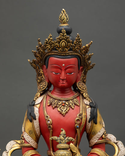 Close-up of Amitayus Statue with jeweled crown, Kalasha, gold gilding and hand-painted face