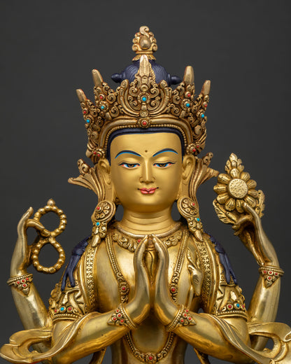Close-Up of Avalokiteshvara Chenrezig Statue with Gold-Painted Face and Sacred Himalayan Details