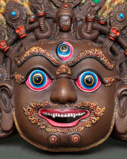 Close Up of Bhairav Face Mask with Third Eye and Skull Crown Details