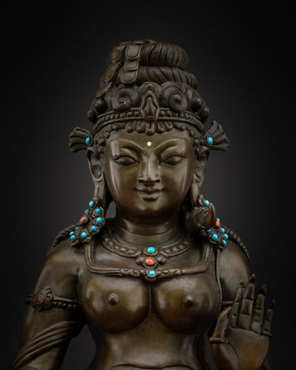 Close-Up of Bhrikuti – Copper Tara Triad Statue Detail, Nepal Buddhist Art