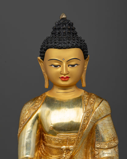 Close Up of Buddha Shakyamuni Statue with Gold Painted Face and Carved Robe Details