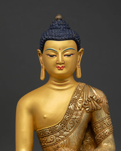 Close Up of Buddha Shakyamuni Statue with Gold Painted Face and Serene Expression