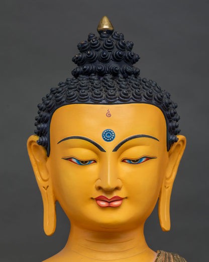 Close-up of Shakyamuni Buddha's serene face, gold gilding, handcrafted in Nepal