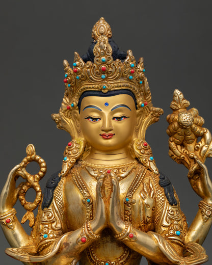 Close-Up of Chenrezig Buddhist Statue with Lotus flower and Handcrafted Newari Artistry