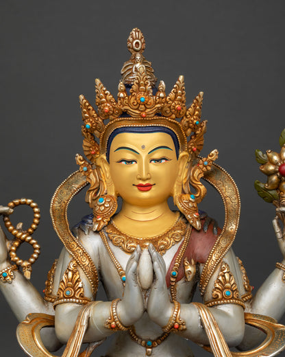 Close Up of Chenrezig Face Gold Painted Avalokiteshvara Buddhist Statue with Acrylic Color Detailing Himalayan Art from Nepal.