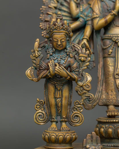 Close-up of Chenrezig's prayer hands and thousand arms with Manjushri figure