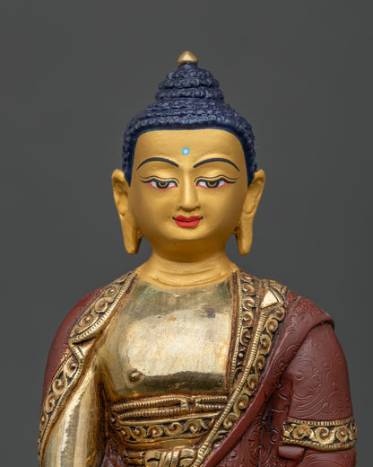 Close-up of copper Medicine Buddha statue with gold fire-gilding, Nepal handicraft