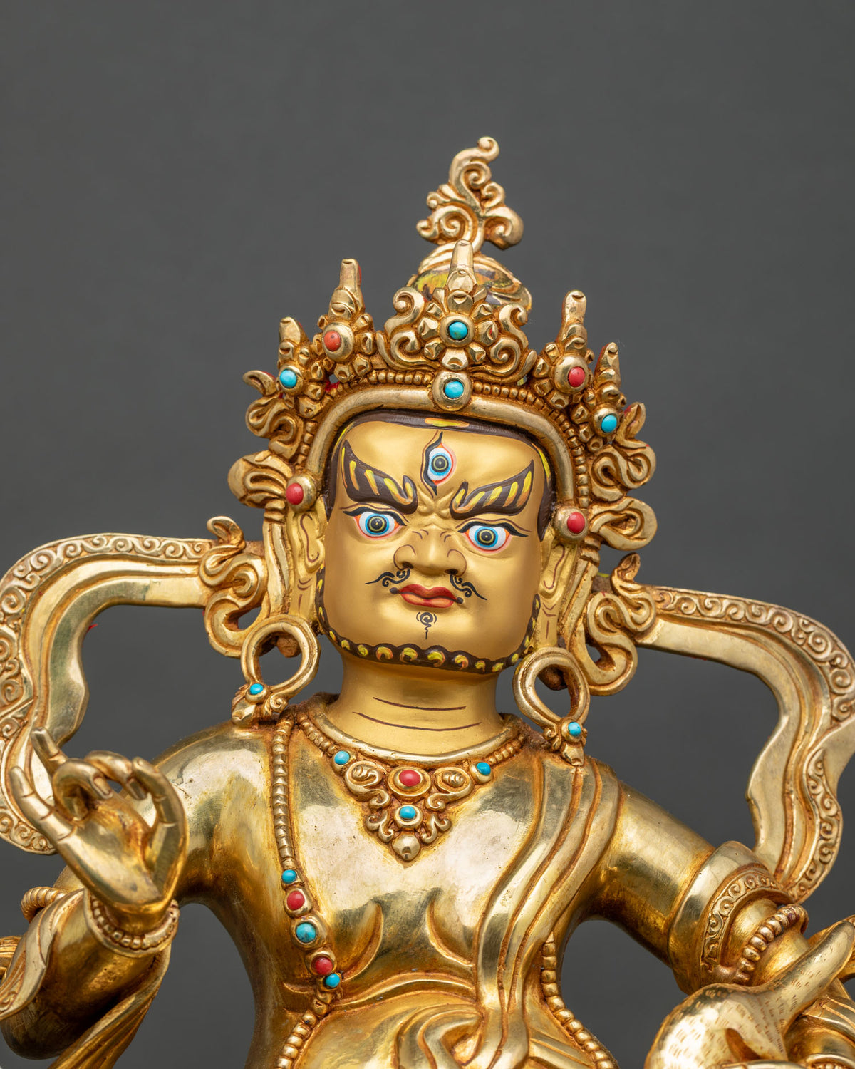 Close Up of Copper Namtoshe Vaishravana Statue with Turquoise and Coral Inlays