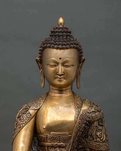 Close Up of Copper Shakyamuni Buddha Statue Upper Body with Carved Monastic Robe Scenes