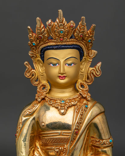 Close Up of Crown Shakyamuni Buddha Gold Painted Face with Five Jewel Crown.