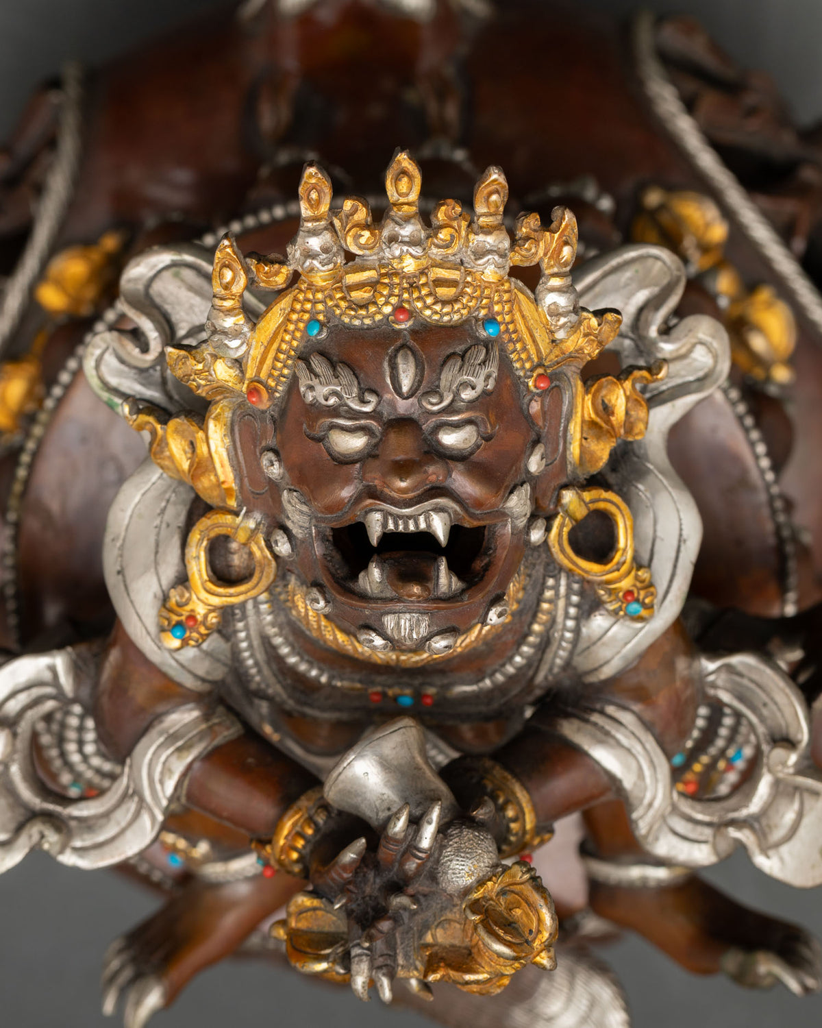 Close up of Dorje Khandro Statue with fierce expression and traditional Himalayan artistry