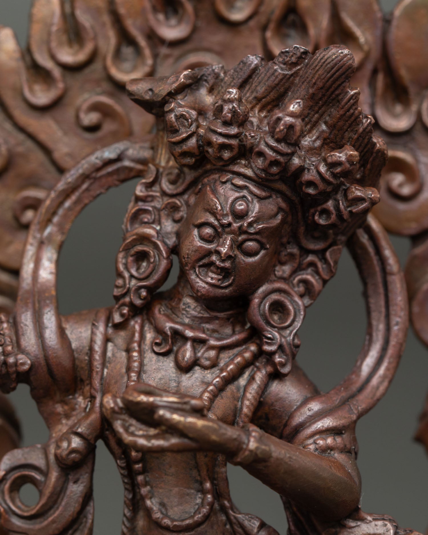 Close up view of Dorje Phagmo dakini statue showing kartika, kapala, and detailed Himalayan craftsmanship