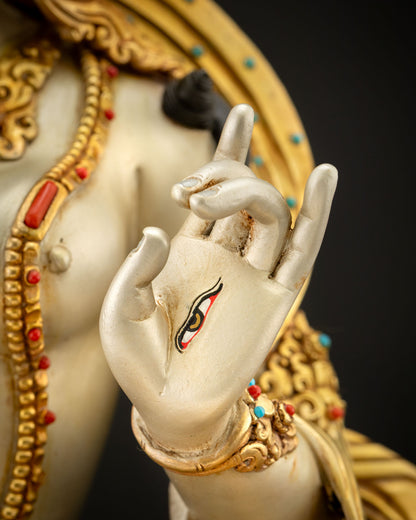 Close up of Dukar Statue Hand Mudra with All Seeing Seven Eye Symbol