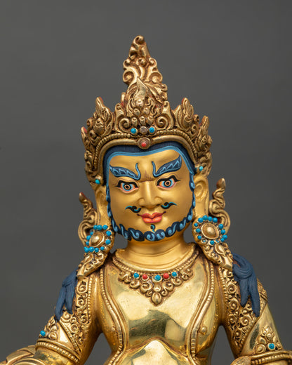 Close up of Dzambhala face with ornate jeweled crown semi precious stone inlays and intricate hand painted details 