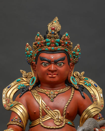 Close-up of Dzambhala Statue showing gold gilded robes and jewel-studded lion throne
