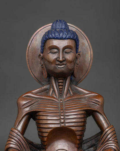 Close up of fasting buddha face with hollow cheeks prominent ribs and calm expression.