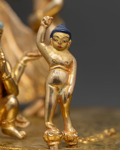 Close up of First Step Buddha Statue with gold painted face and intricate Himalayan crafts