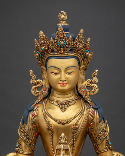close up of gold gilded amitayus statue handcrafted copper buddha detail