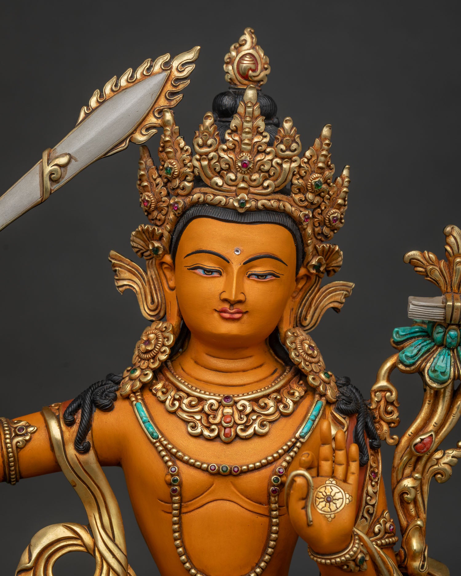 Close Up of Gold Gilded Manjushri Statue Handmade by Newari Artisans in Nepal