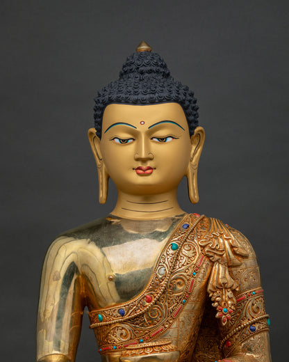 Close up of gold-gilded Shakyamuni Buddha statue, turquoise and coral stone inlay