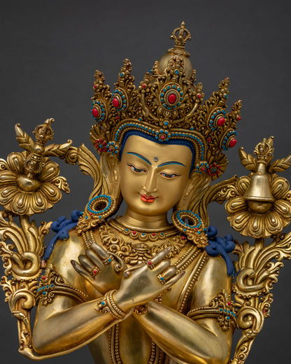 Close-up of gold-gilded Vajradhara statue showing turquoise and coral inlay work