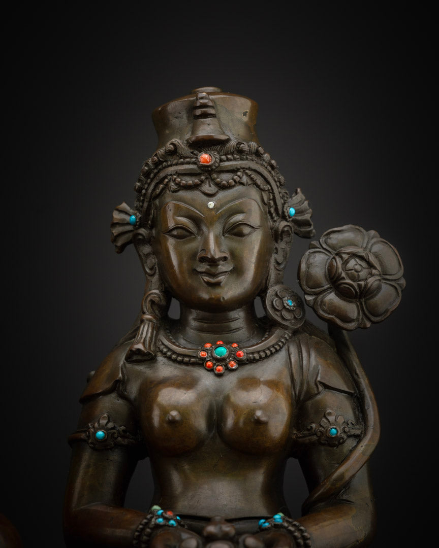 Close-Up of Green Tara – Copper Statue Detail, Compassion Deity, Nepal