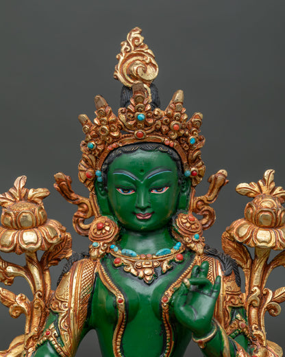Close Up of Green Tara statue, Face Hand Painted Acrylic Finish with Semi Precious Stone Inlays