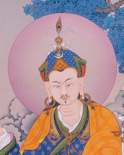 Close-up of Guru Rinpoche face with radiant halo and jeweled lotus crown on Buddhist thangka print