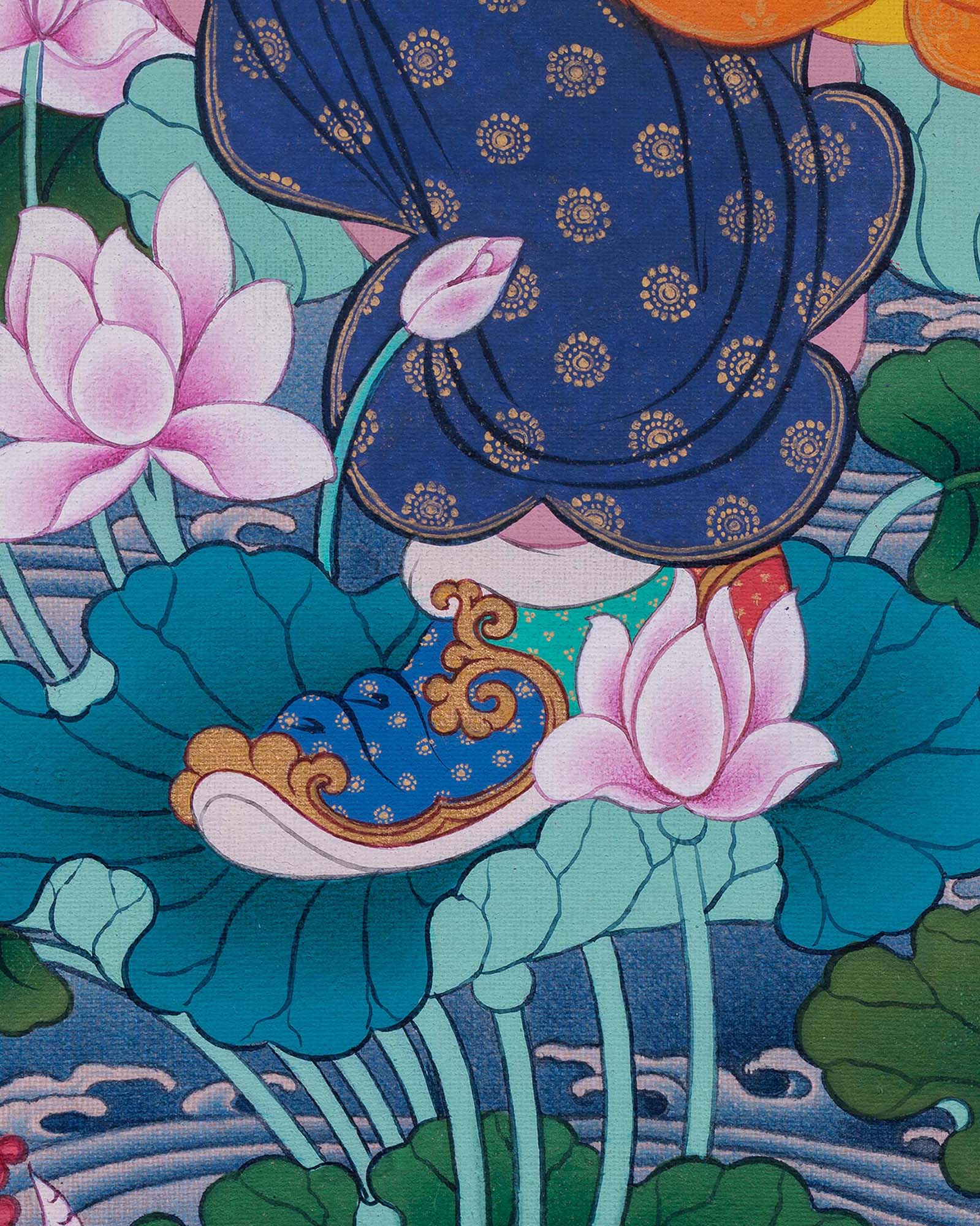 Close-up of Guru Rinpoche lotus throne with flowing robes and blooming lotus flowers on thangka print
