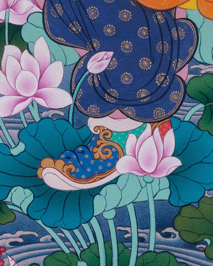 Close-up of Guru Rinpoche lotus throne with flowing robes and blooming lotus flowers on thangka print